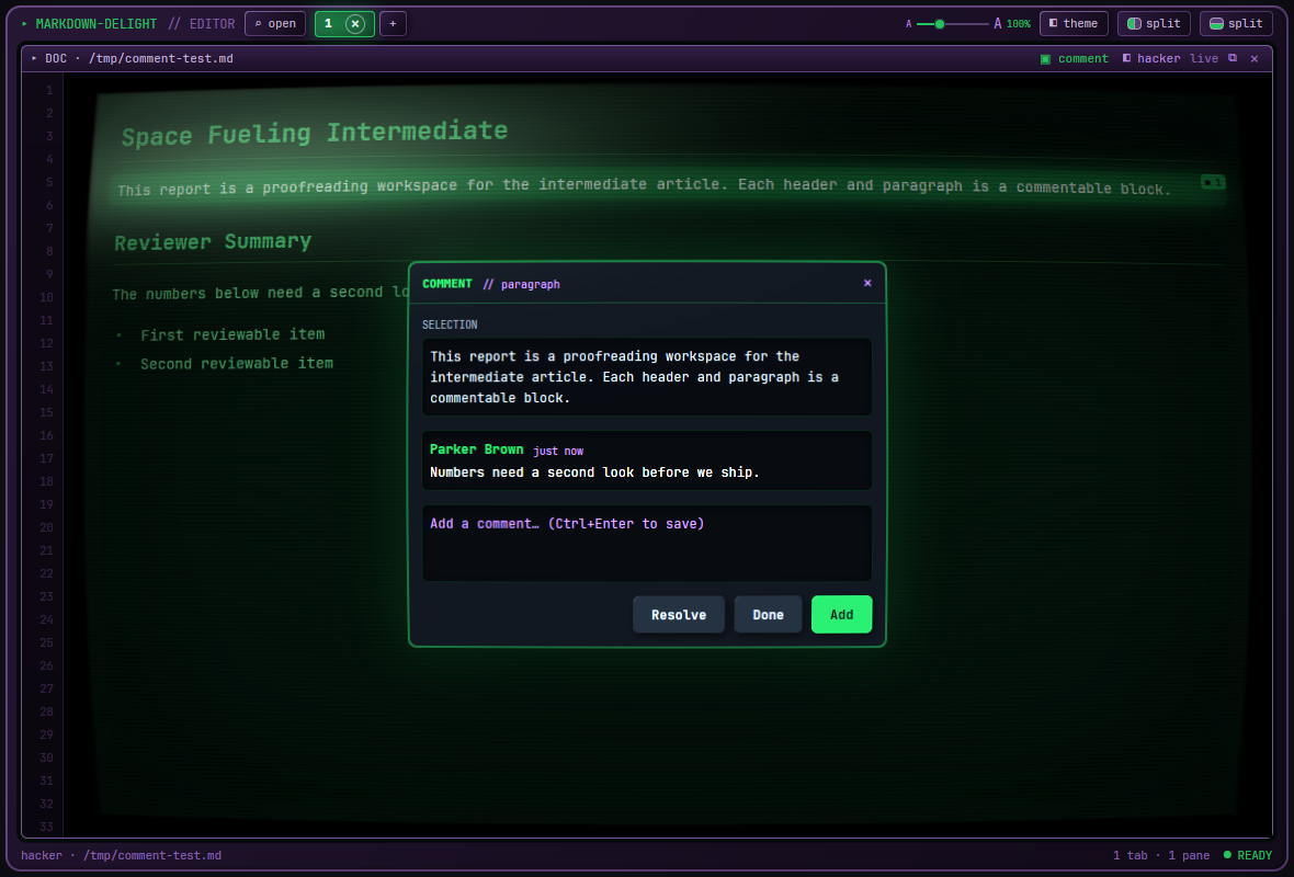 comment mode device panel with a quoted-text magnifier and a saved comment