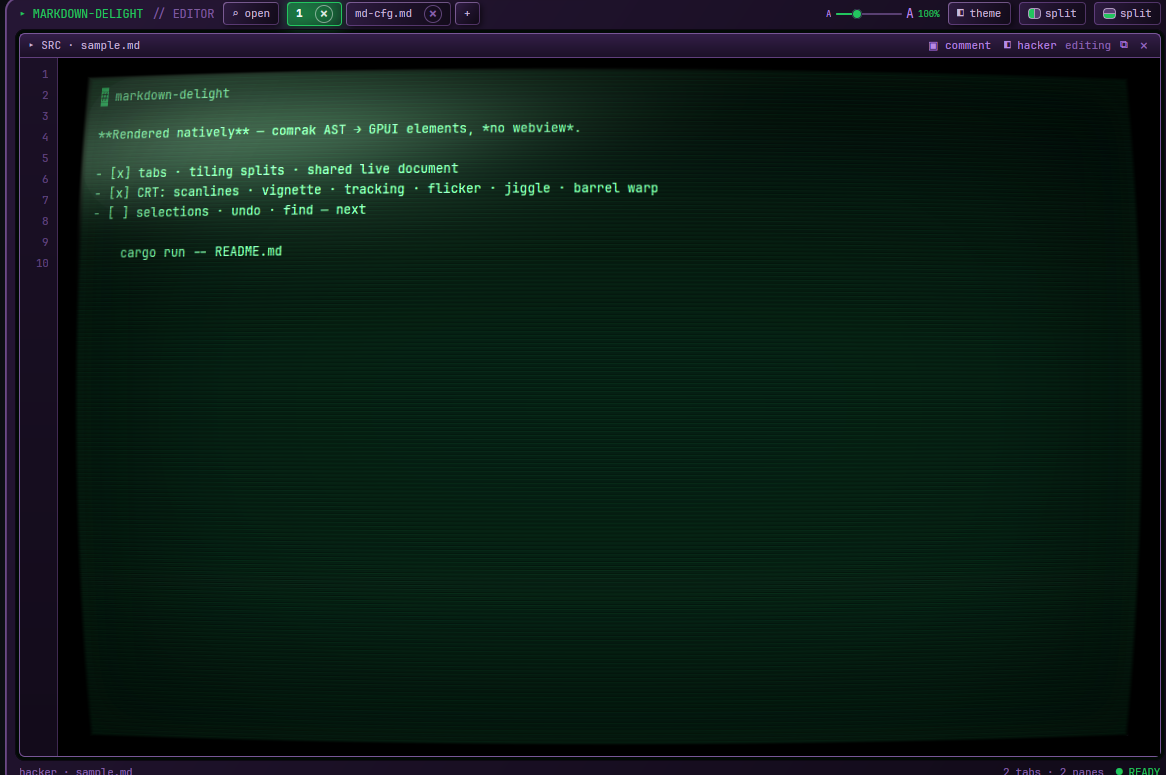markdown-delight editing a Markdown document in the hacker theme: a line-numbered source rail, tabs and split controls in the title bar, and glowing phosphor-green text on a CRT tube